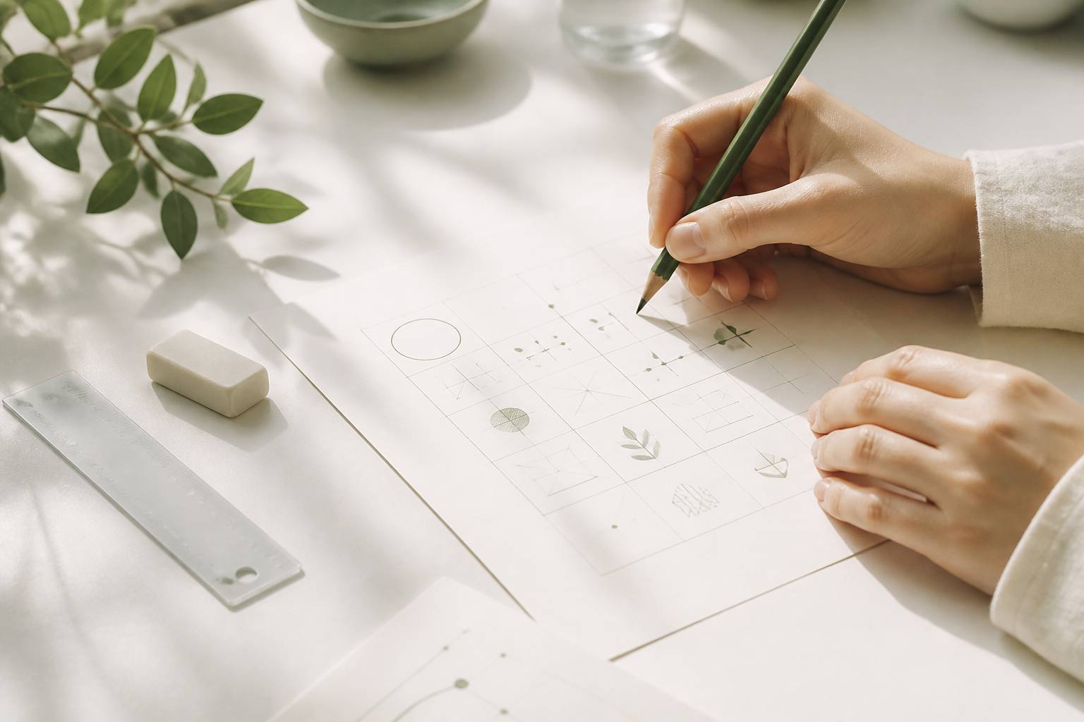 Mains résolvant une grille de logique abstraite sur papier blanc