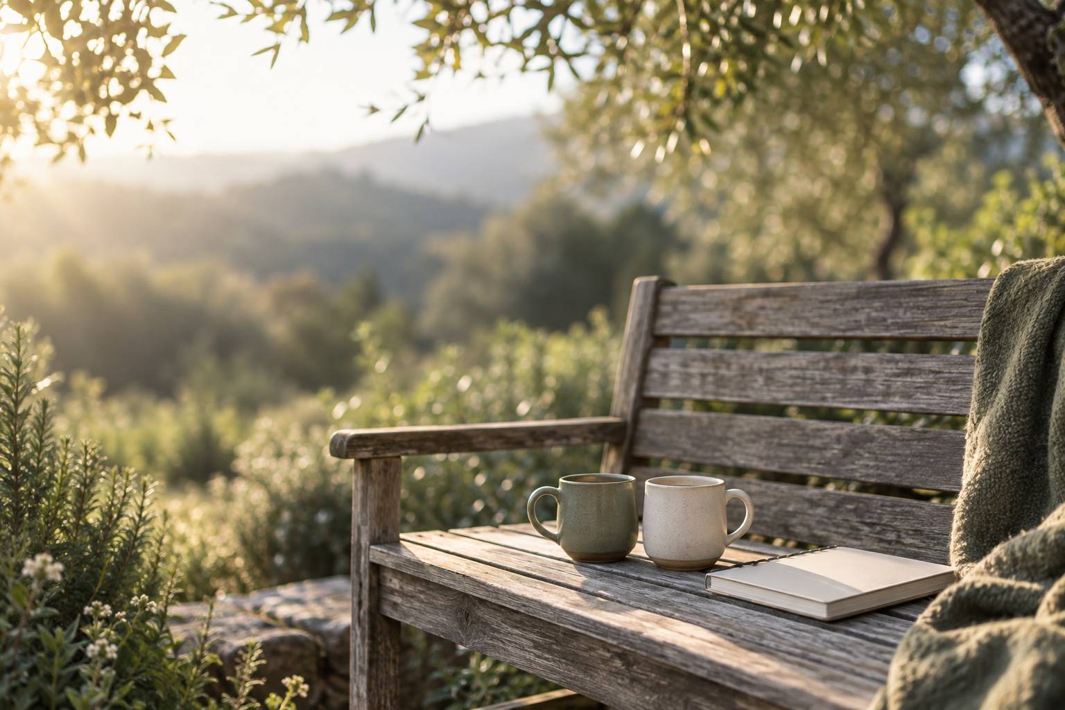Deux tasses et un carnet fermé sur un banc de jardin au soleil matinal
