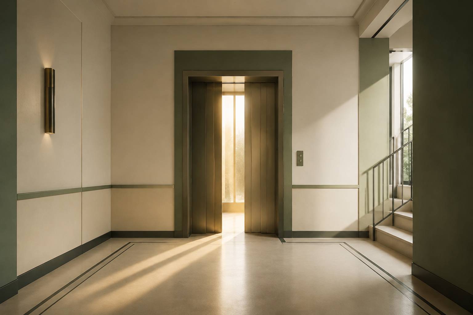 Portes d'ascenseur entrouvertes laissant filtrer une lumière dorée dans un couloir calme