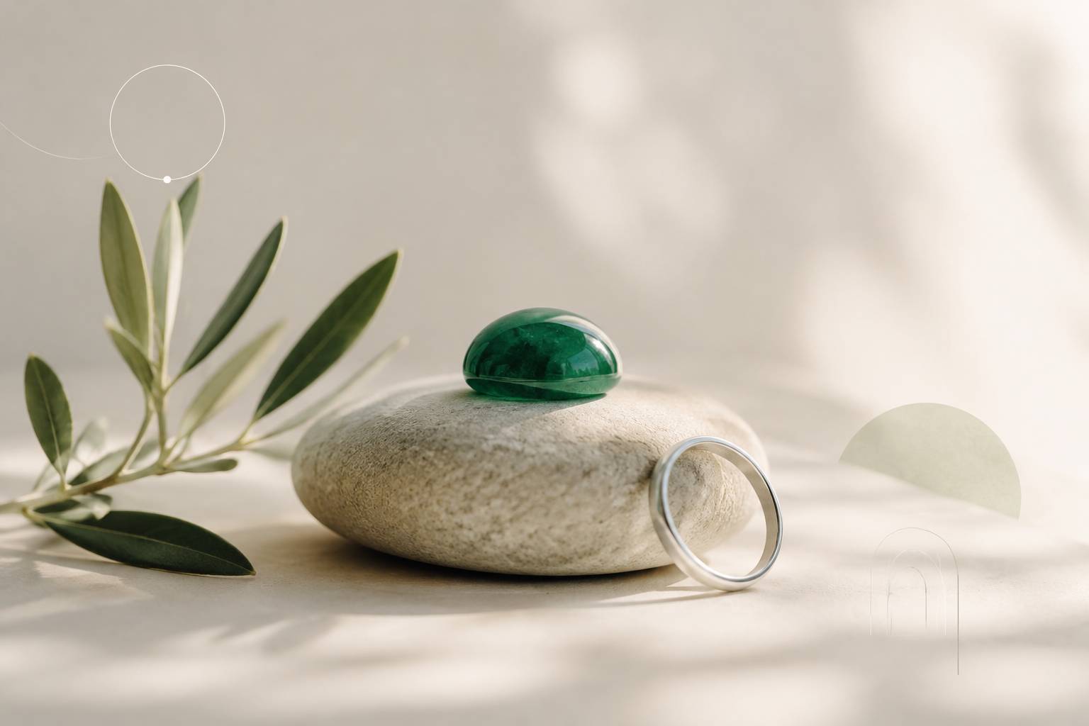 Cabochon d'émeraude posé sur un galet avec un anneau en argent