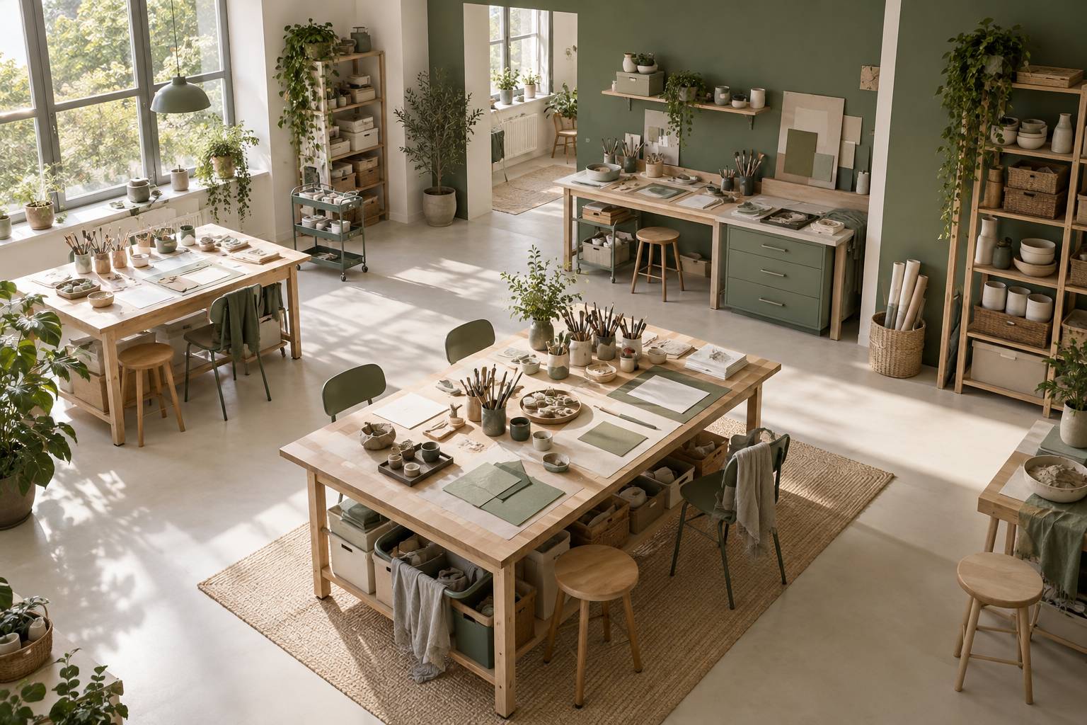 Atelier d'ergothérapie avec établis et matériaux créatifs rangés