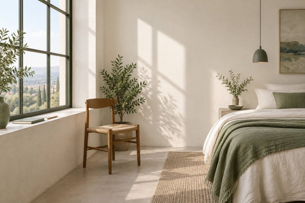 Chambre sobre inondée de lumière du matin avec une chaise et une plante