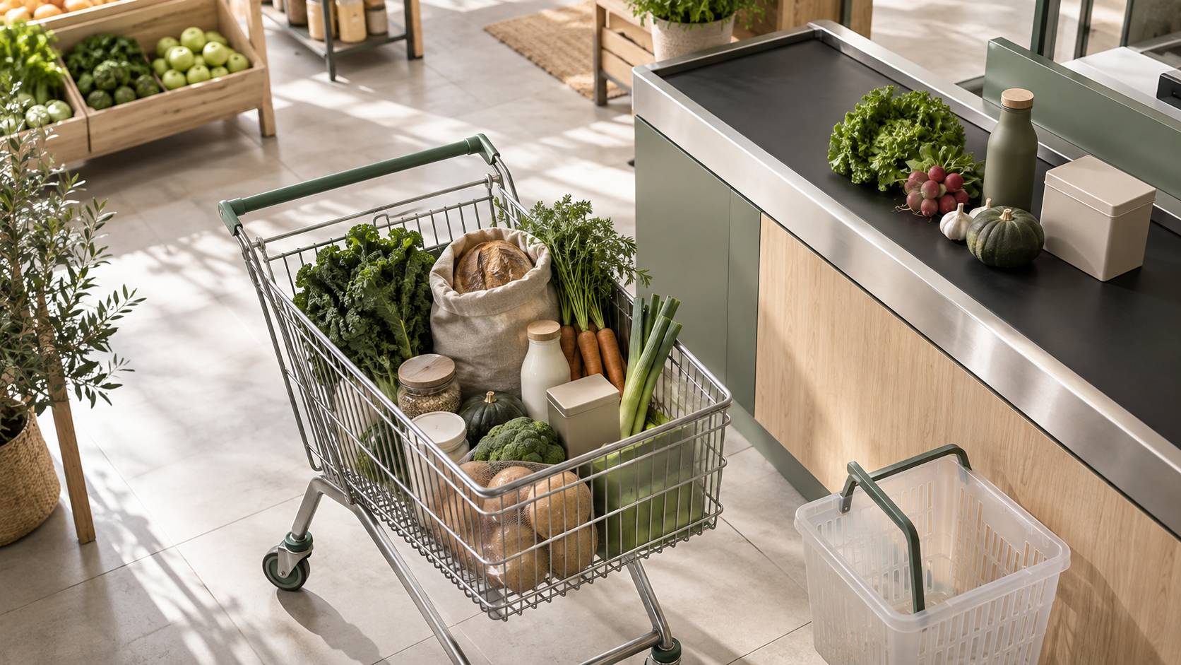 Caddie a moitie rempli devant un tapis de caisse dans un supermarche clair