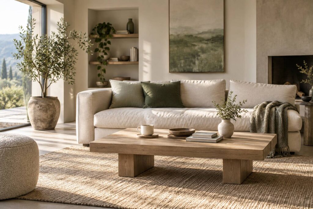 Salon apaise avec canape de lin et tasses de the