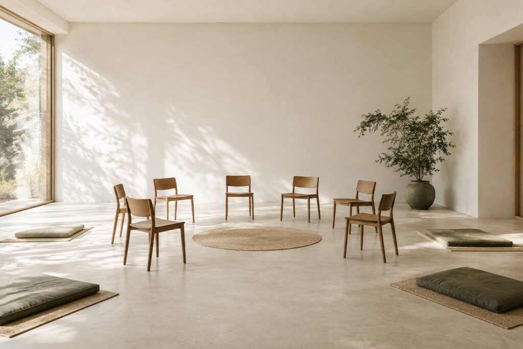 Salle calme avec chaises en cercle et tapis dans la lumière du matin