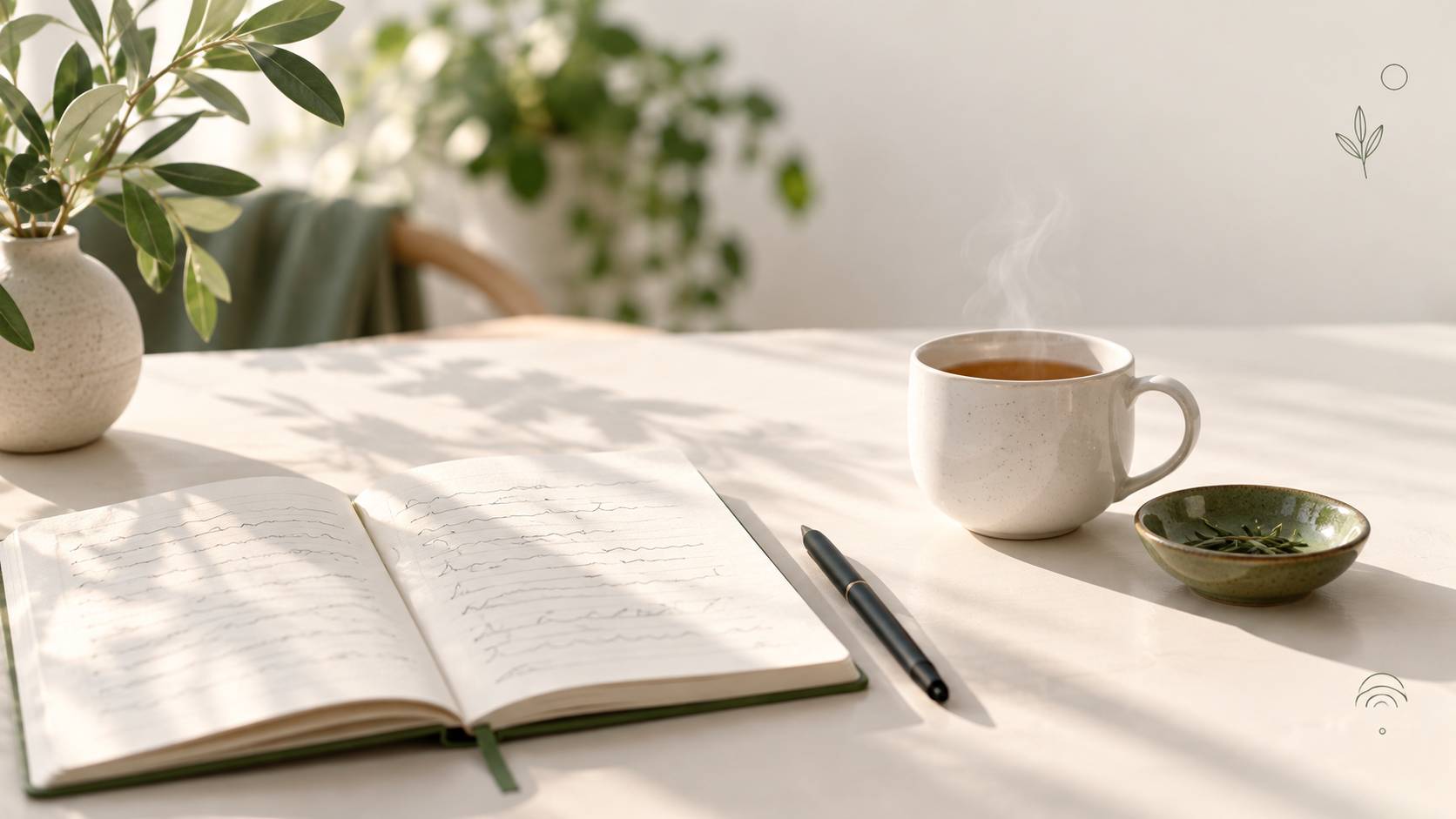 Détail d'un carnet de notes et d'une tasse de thé sur une table au matin