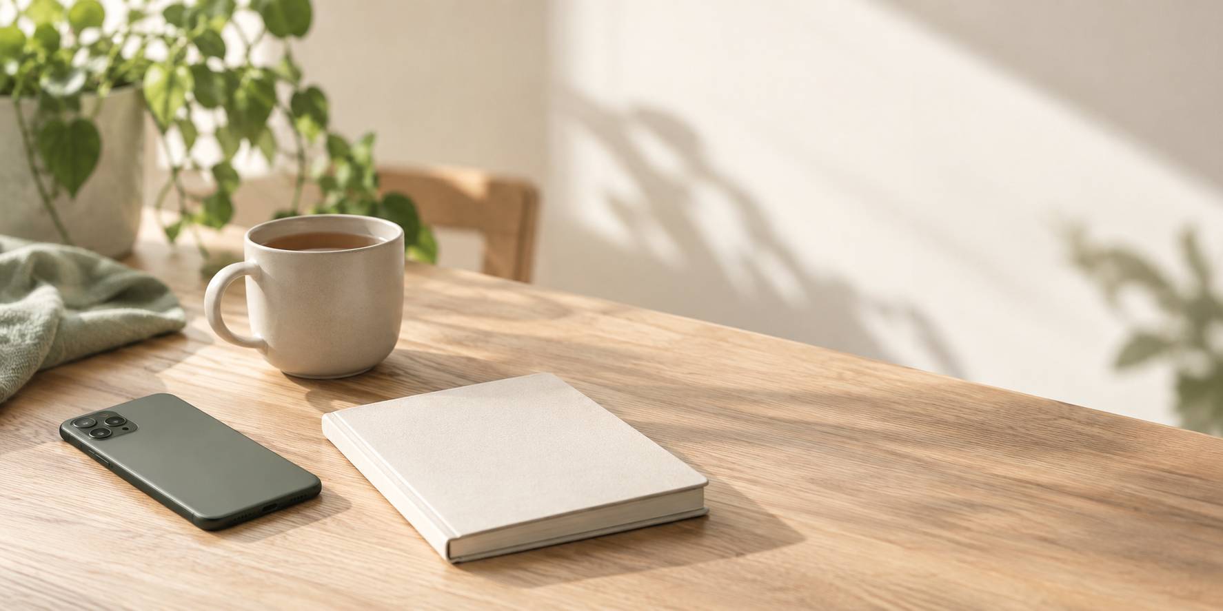 Détail d'un téléphone posé sur une table avec un carnet et une tasse