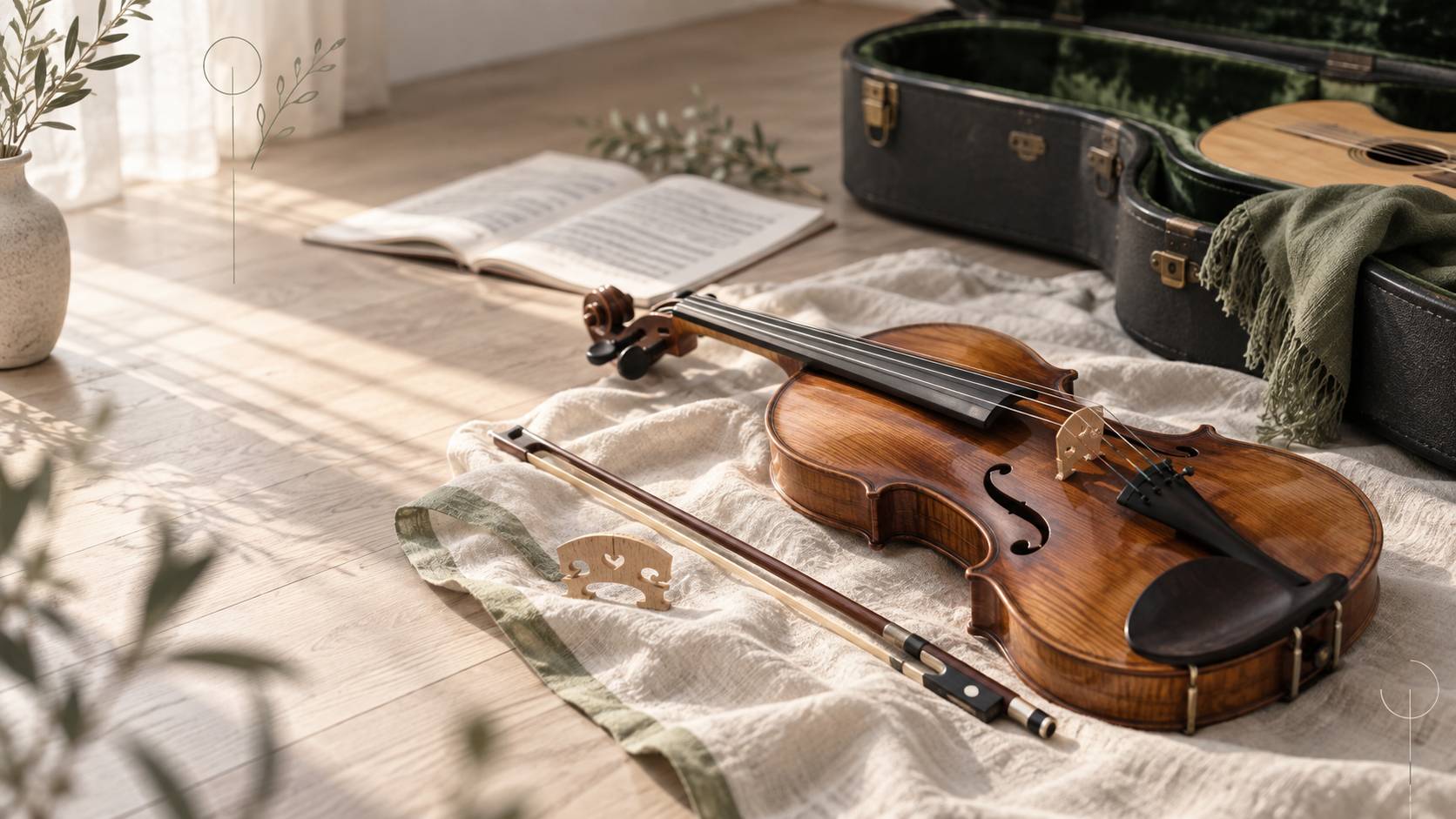 Détail d'un violon avec archet et partition dans une pièce lumineuse