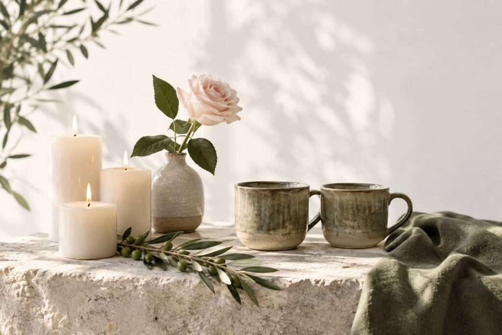 Trois bougies, une rose et deux tasses en céramique sur une pierre claire