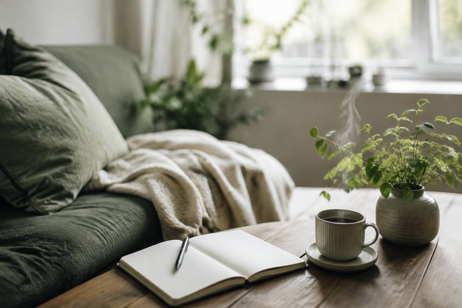 Carnet ouvert, stylo et tasse de thé dans un coin d'écriture apaisant pour gérer ses émotions