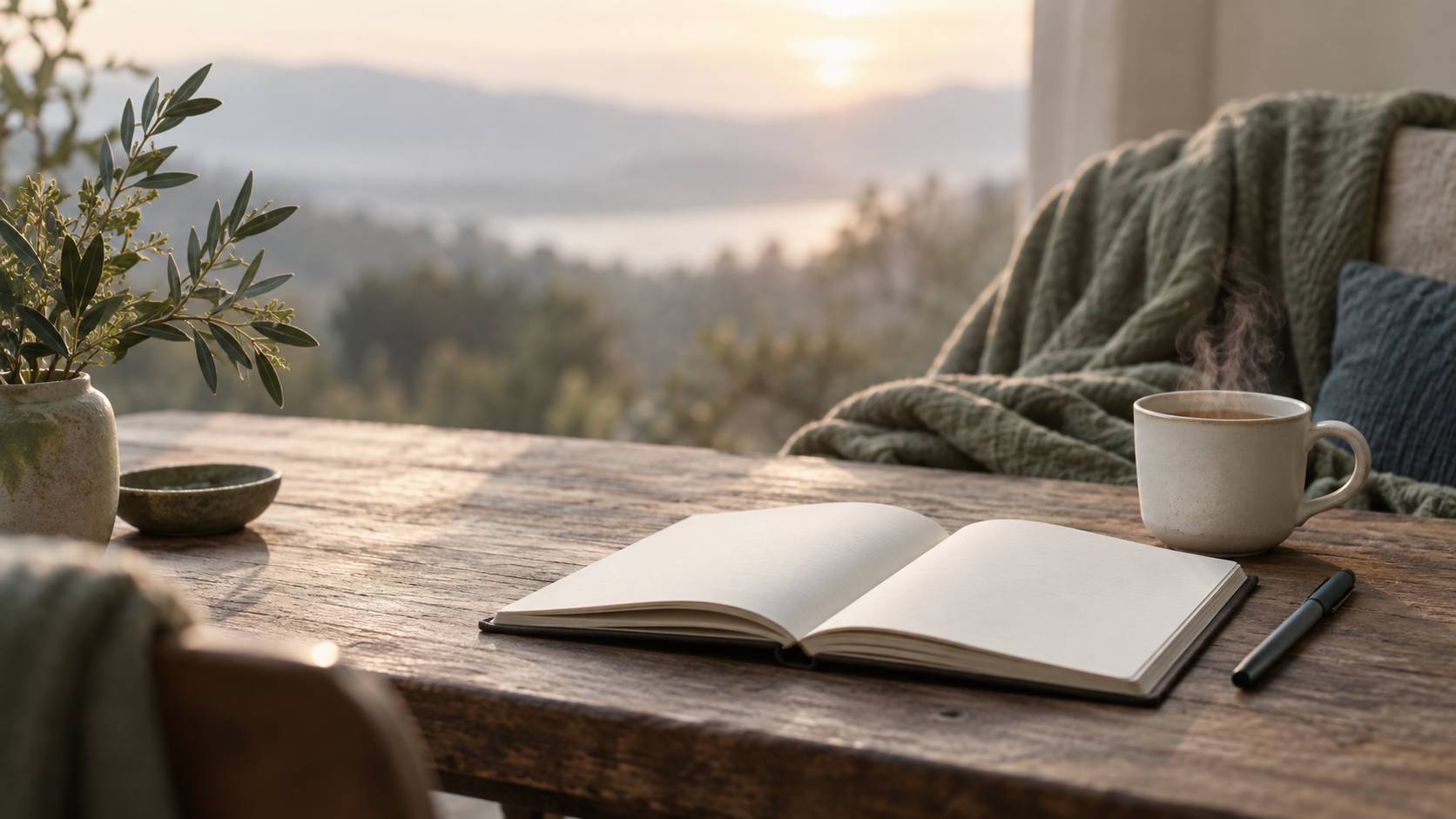 Gros plan sur un carnet, un stylo et une tasse de thé dans une lumière chaleureuse