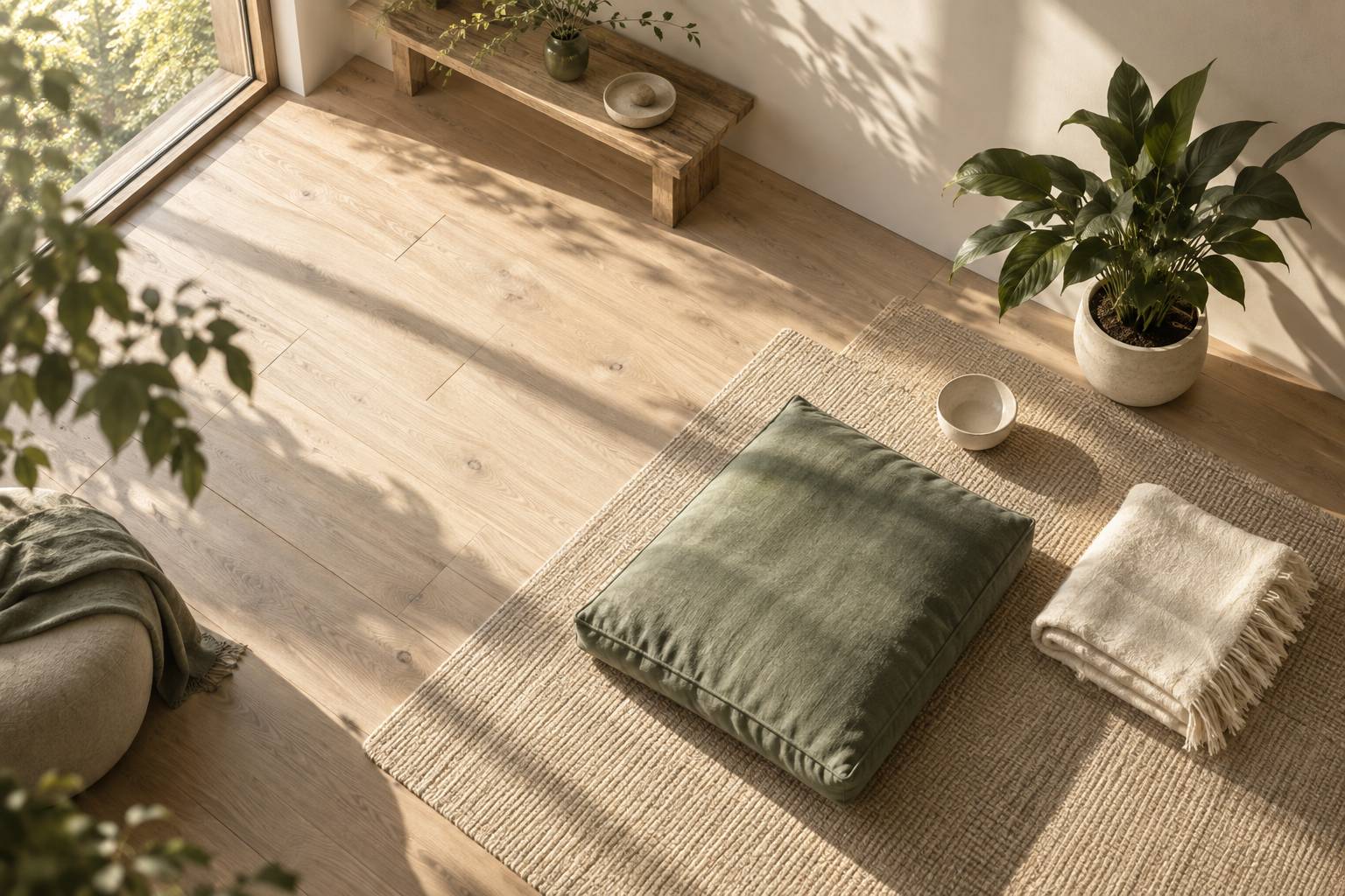 Coin de méditation épuré avec coussin, plaid et plante en lumière rasante
