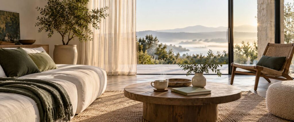 Interieur paisible au petit matin avec plante verte et tasse de the