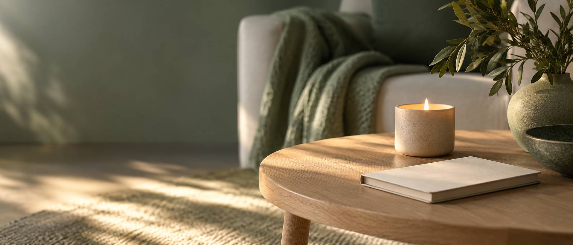 Bougie allumee et carnet ferme sur une table basse en bois clair