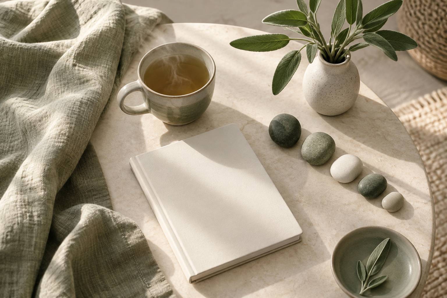 Tasse de the, galets et sauge sur une table d'appoint