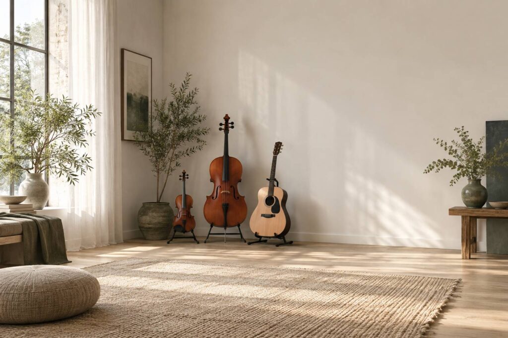 Trois instruments de musique posés dans une pièce calme baignée de lumière matinale