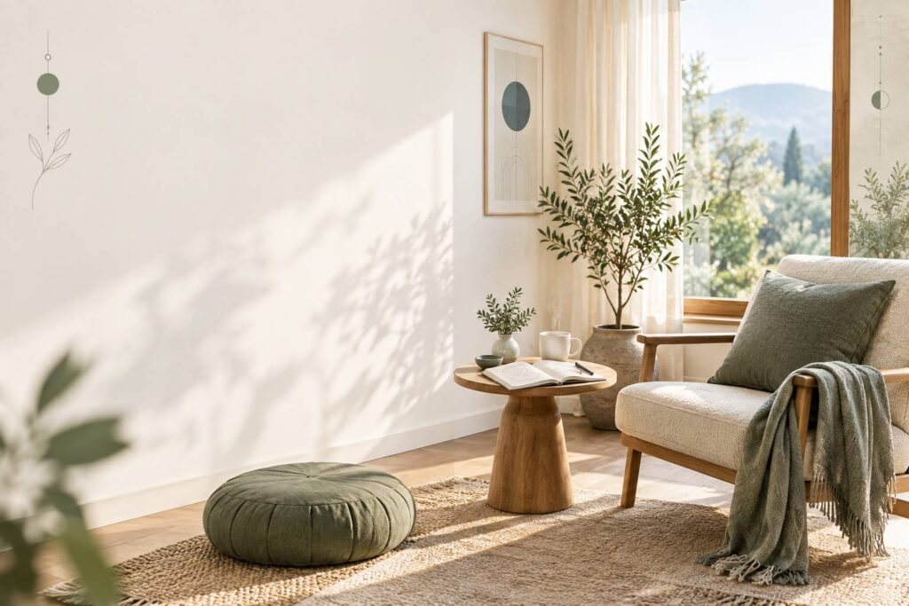 Intérieur calme avec fauteuil près d'une fenêtre, carnet de notes et tasse de thé