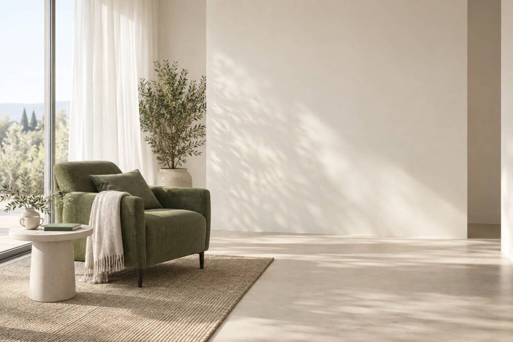 Coin salon paisible avec fauteuil en lin et tasse de thé près d'une fenêtre