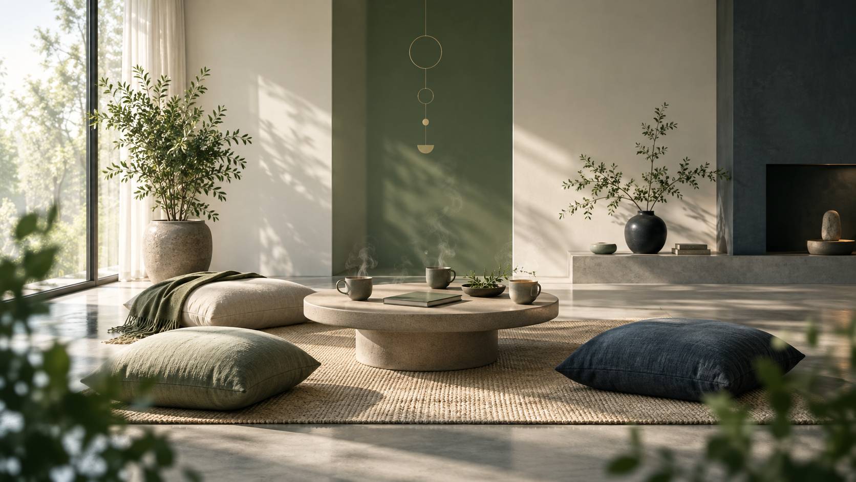 Salon apaise avec trois fauteuils autour d'une table basse et tasses de the