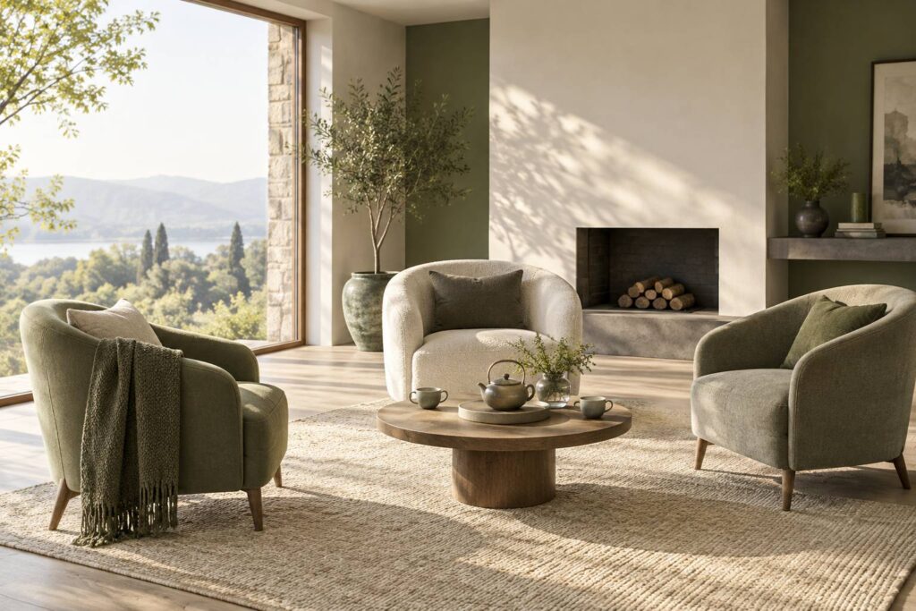 Salon apaise avec trois fauteuils autour d'une table basse et tasses de the