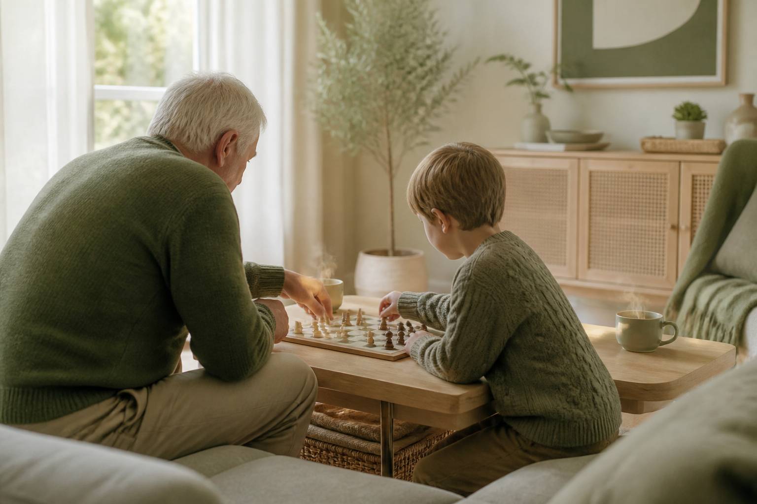 Adulte âgé et enfant jouant à un jeu de société autour d'une table basse