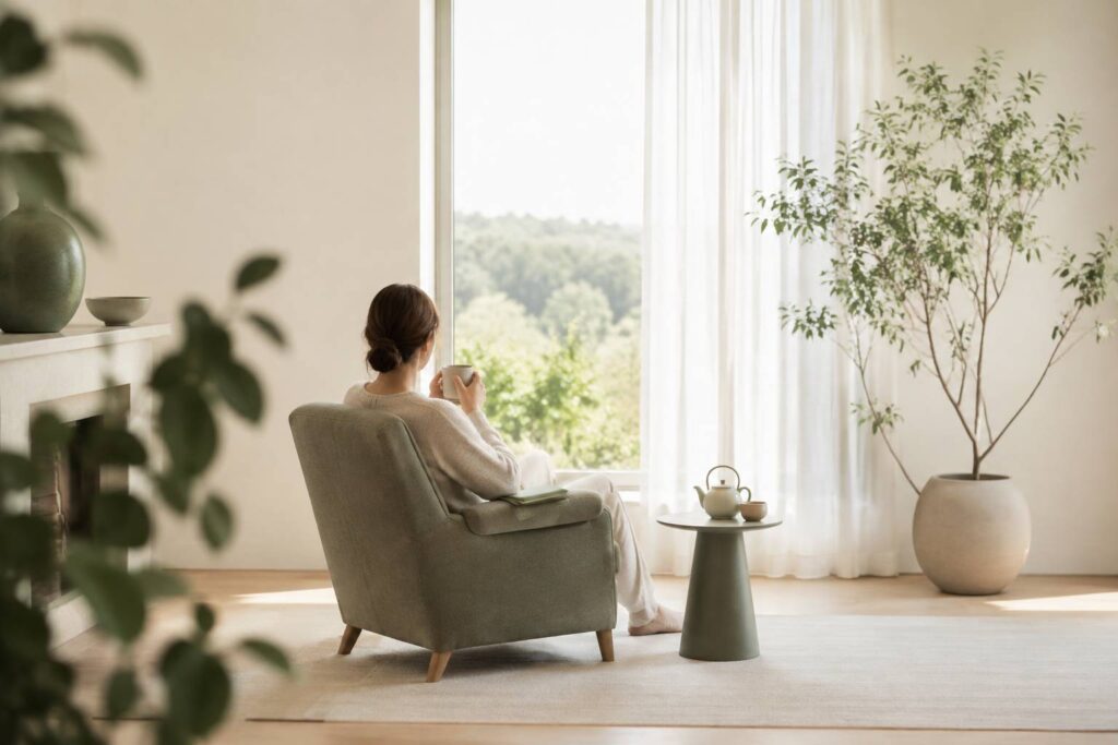 Moment de pause dans un fauteuil près d'une fenêtre lumineuse avec plantes vertes
