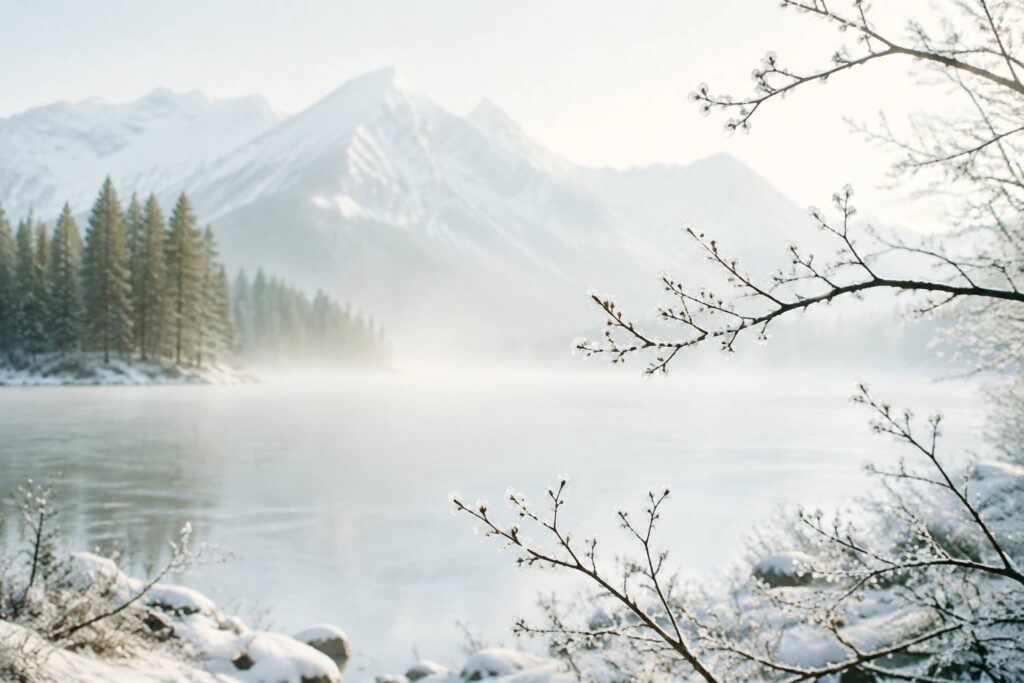 Lac gelé dans la brume du petit matin avec des montagnes enneigées