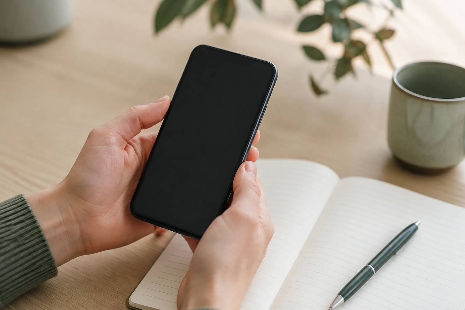 Mains tenant un téléphone au-dessus d'un carnet de notes ouvert