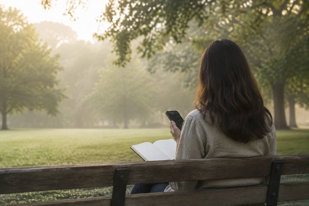 Personne vue de dos notant sur son téléphone sur un banc dans un parc
