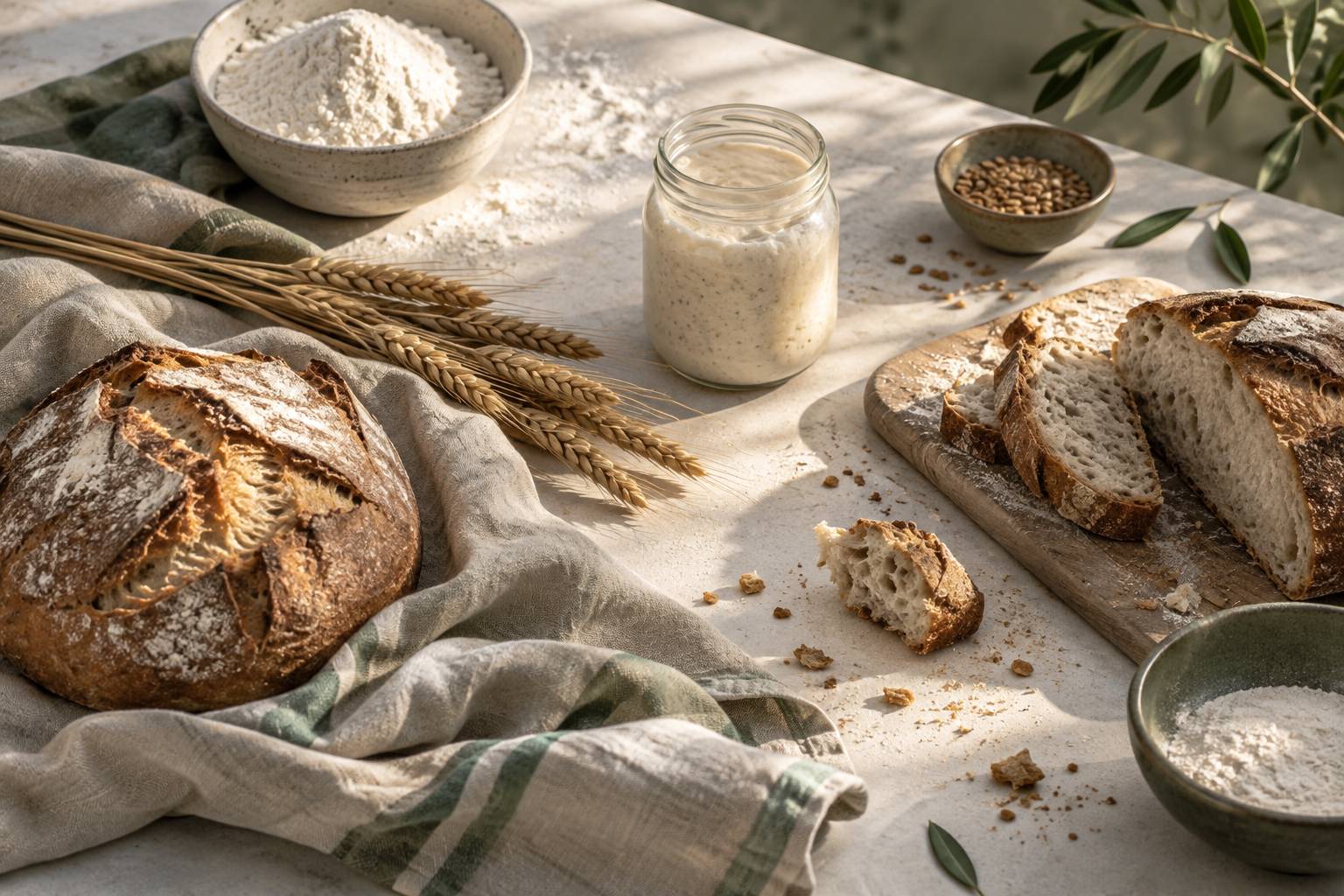 Epis de ble, farine et levain sur un plan de travail de boulangerie