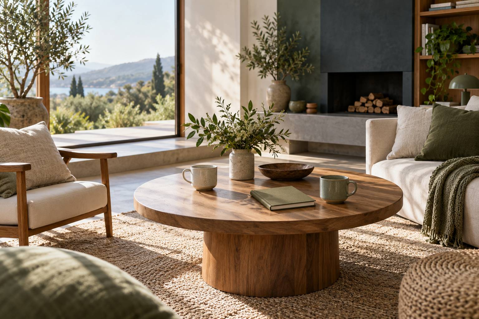 Espace de conversation avec table ronde, deux tasses et coussin en lin