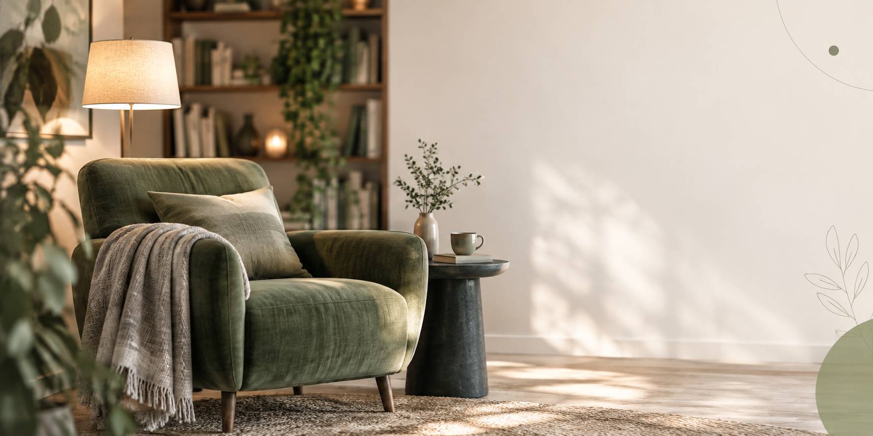 Bureau calme près d'une fenêtre avec carnet ouvert, thé et plante verte, lumière naturelle douce