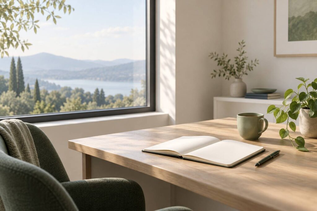 Bureau calme près d'une fenêtre avec carnet ouvert, thé et plante verte, lumière naturelle douce