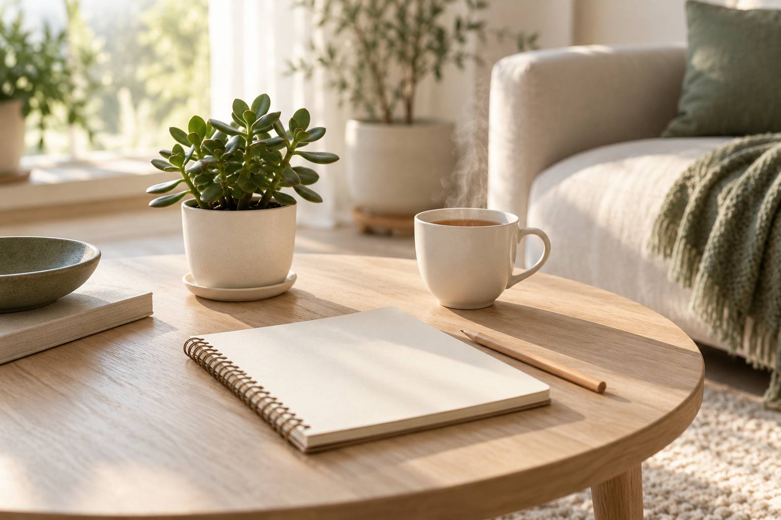 Carnet vierge et tasse de the sur une table basse pres d'une plante
