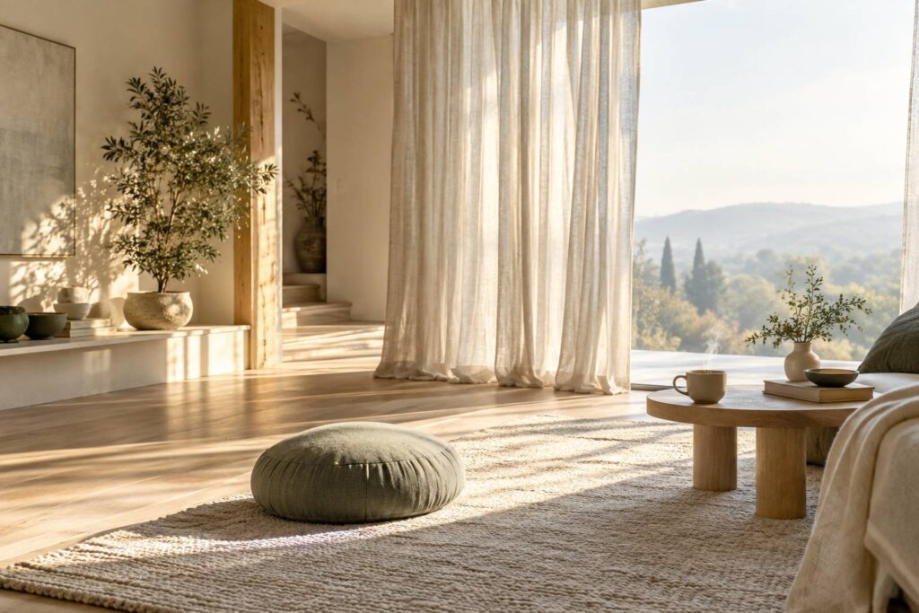 Intérieur apaisé au matin avec tapis, coussin de méditation et tasse de thé