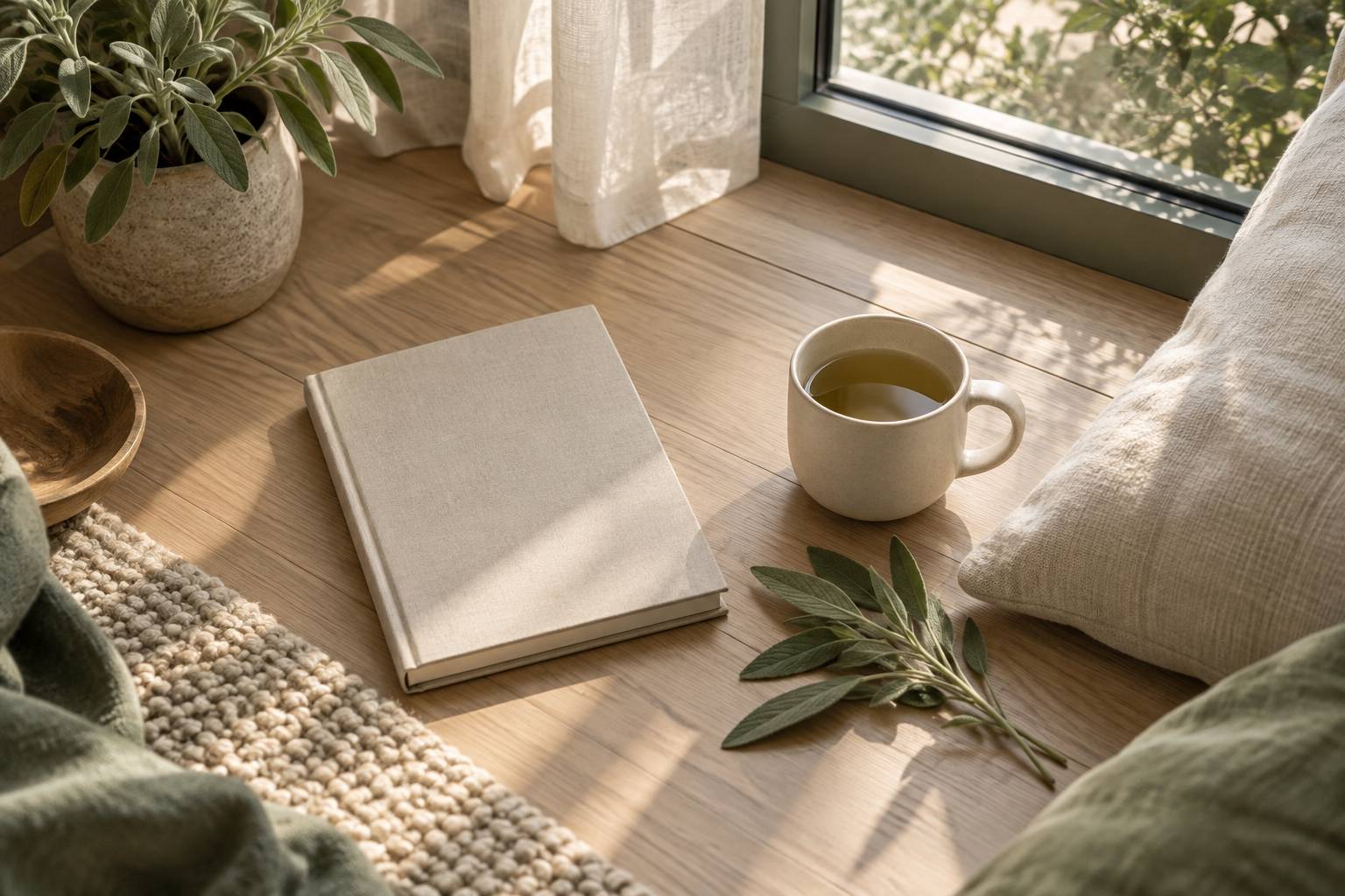 Coin calme avec carnet vierge, tasse de thé et coussin de lin