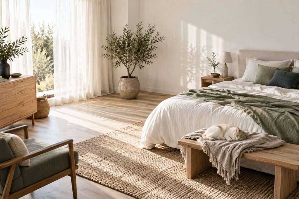 Chat endormi sur un plaid au pied d'un lit au petit matin