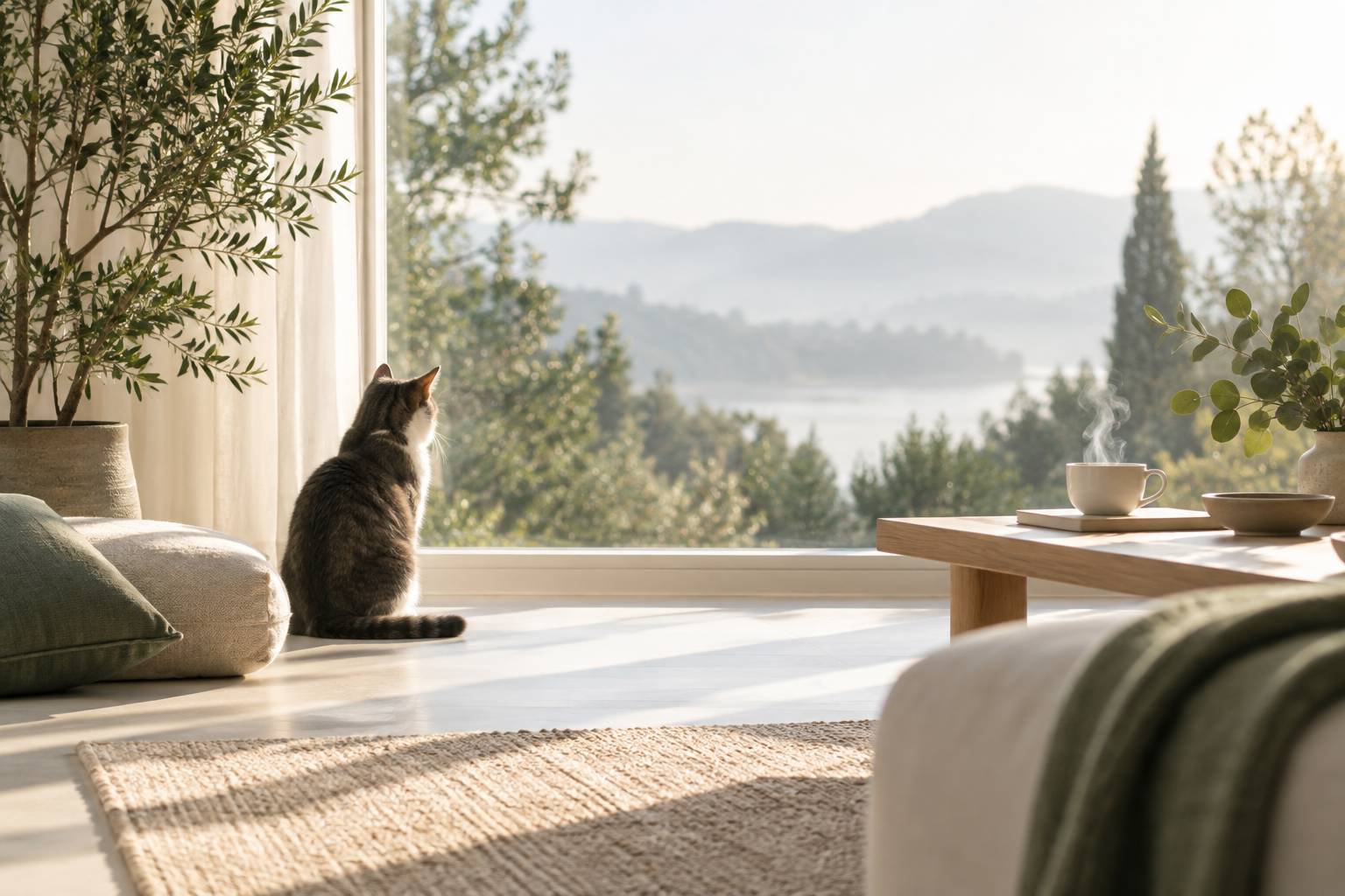Chat assis près d'une fenêtre dans un intérieur calme