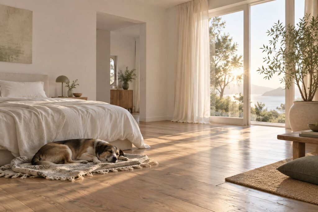 Chien endormi sur un plaid au pied d'un lit dans une chambre claire