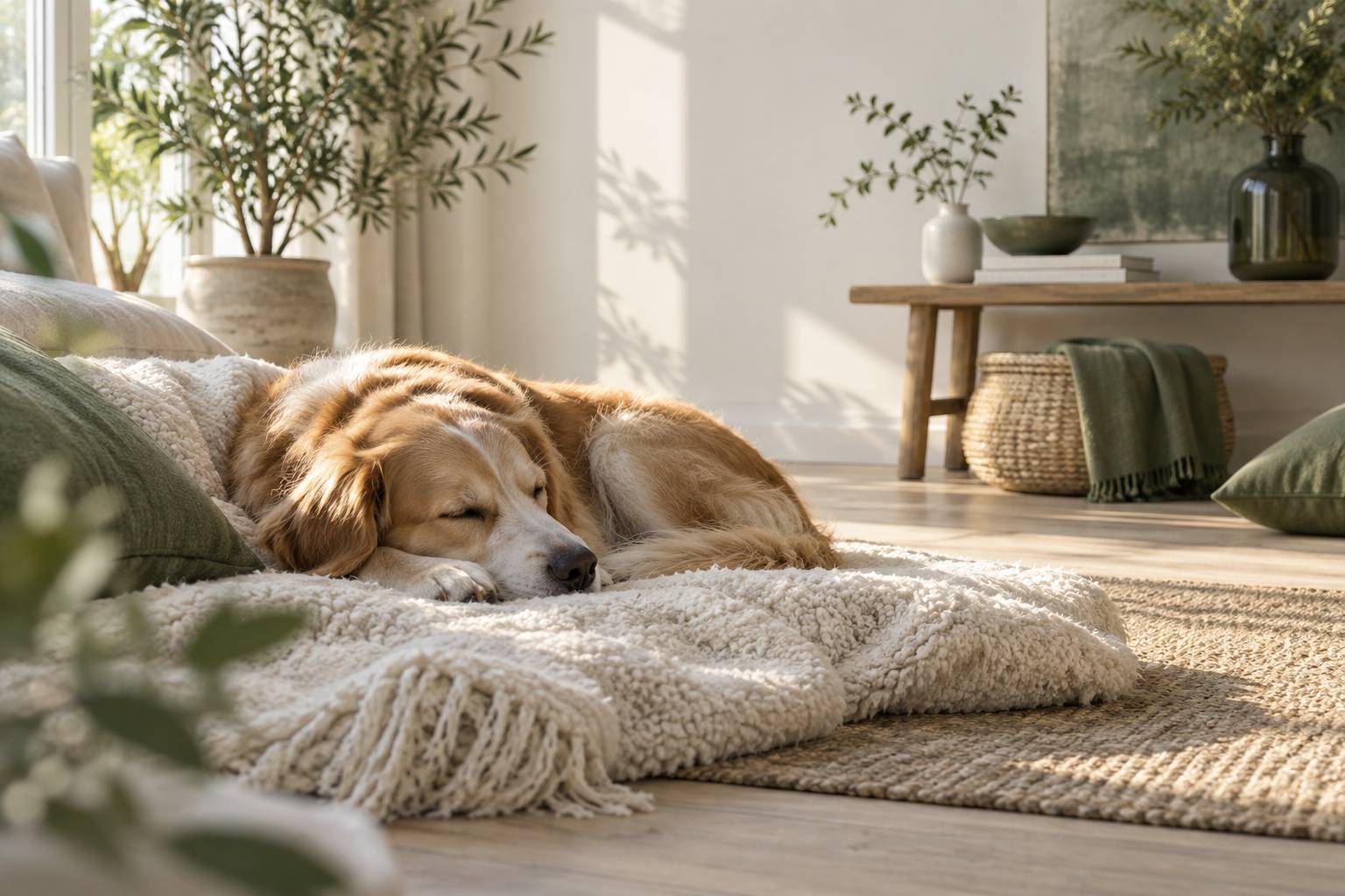 Chien endormi sur un plaid de laine en lumiere douce