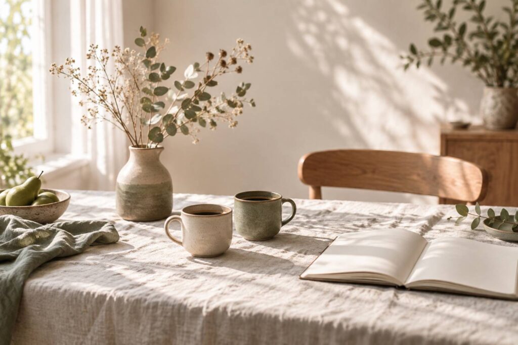 Deux tasses de café et fleurs séchées sur une table au matin