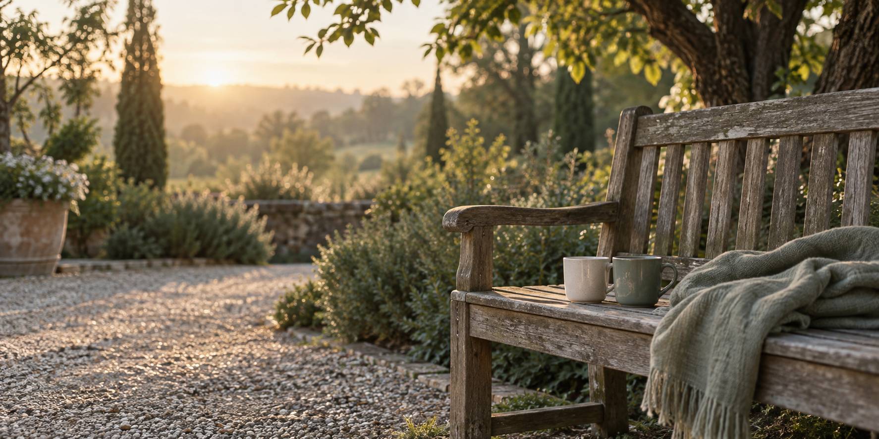 Banc de parc en bois à l'aube avec deux mugs et un plaid plié