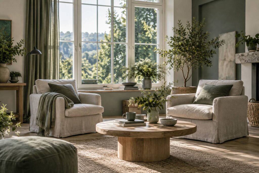 Deux fauteuils de lin ecartes dans un interieur apaise au matin