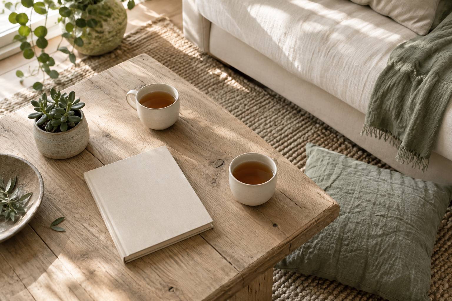 Tasses et carnet ferme sur une table de salon en bois clair
