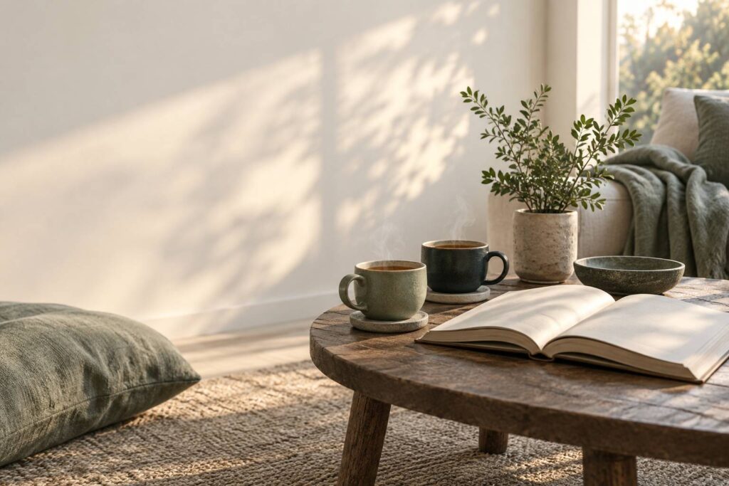Table basse avec deux tasses de thé, un livre ouvert et un plaid en lin