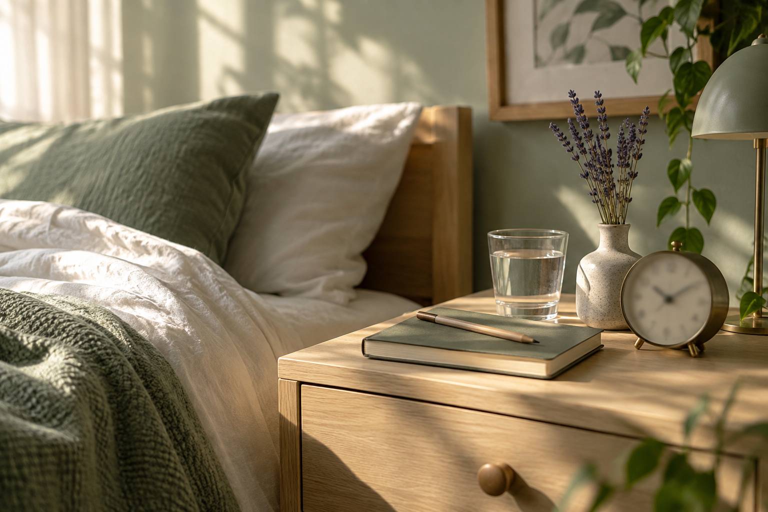Table de chevet avec carnet de rêves, verre d'eau et lavande au petit matin