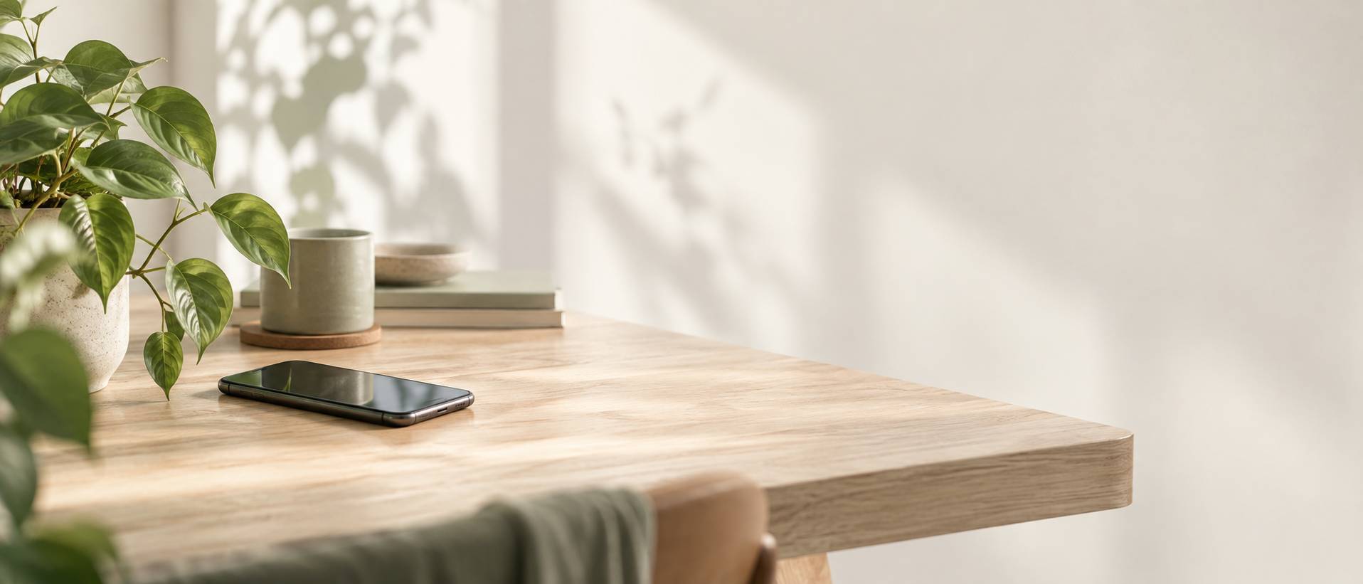 Téléphone posé sur une table claire près d'une plante, lumière du matin