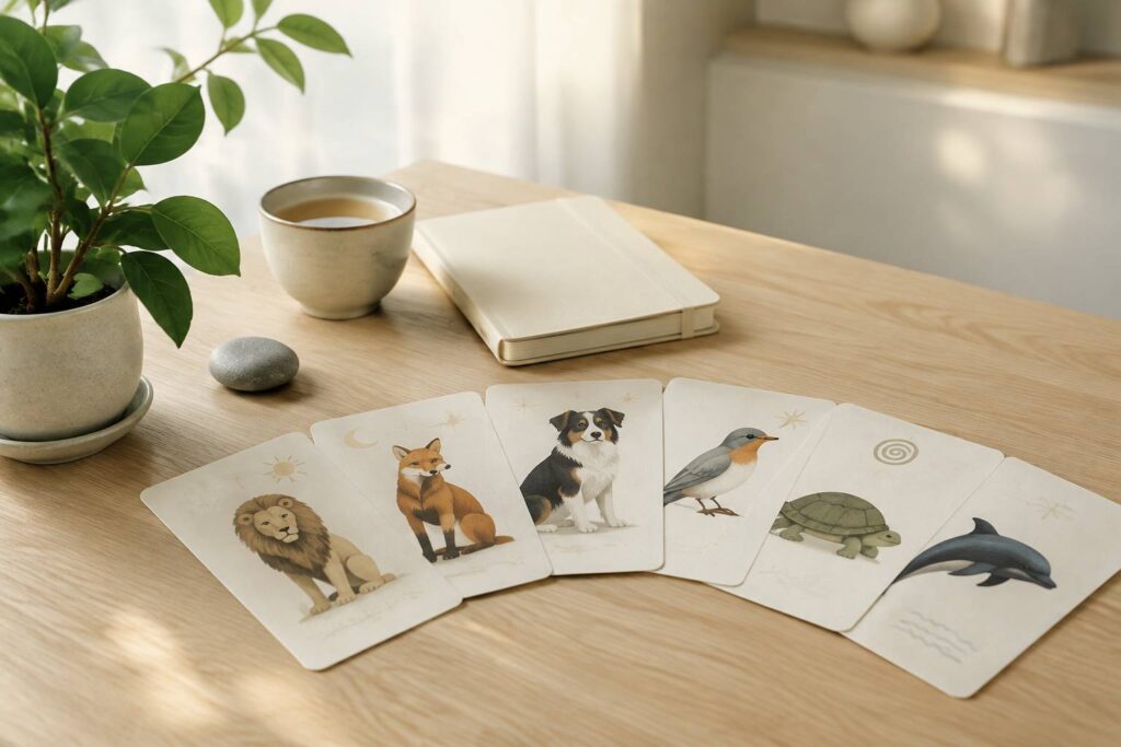 Cartes illustrées d'animaux en éventail avec carnet, tasse de thé et plante sur une table en bois clair