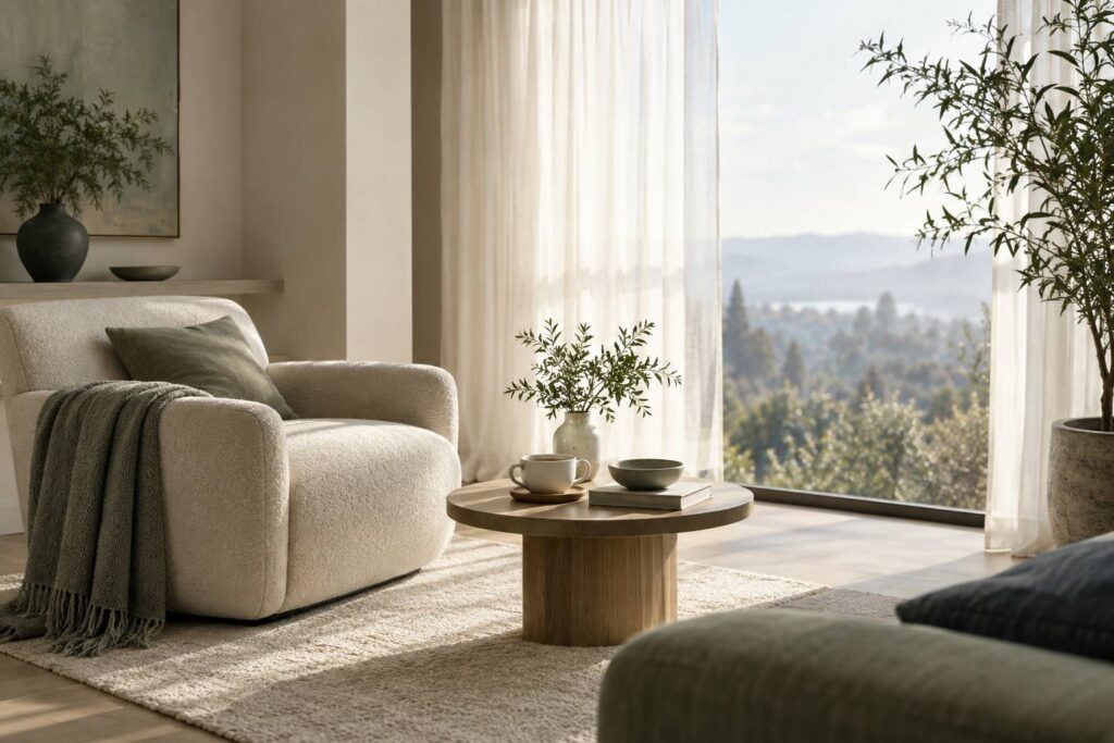 Interieur calme et lumineux avec fauteuil, tisane et plante pour une ambiance apaisante