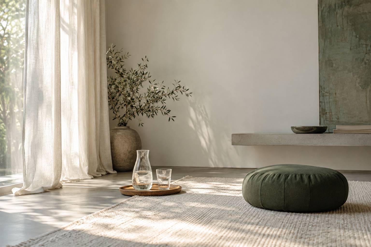 Coin de piece apaise avec coussin de meditation et carafe d'eau pres d'une fenetre